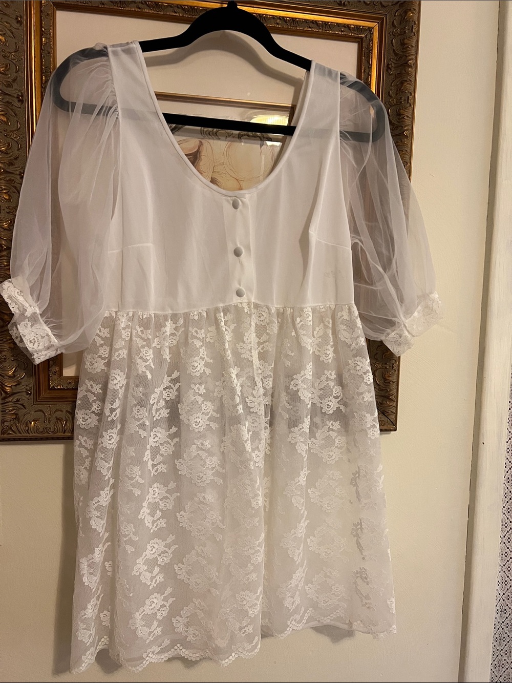 Vintage White Lace Babydoll Nightgown - Sheer Puff Sleeve Sleep Dress